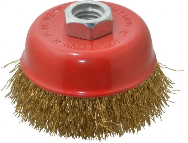 Value Collection - 3-3/16" Diam, 5/8-11 Threaded Arbor, Steel Fill Cup Brush - 0.015 Wire Diam, 8,500 Max RPM - Exact Tooling