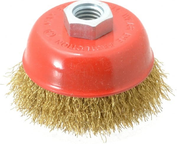 Value Collection - 3-3/16" Diam, 5/8-11 Threaded Arbor, Steel Fill Cup Brush - 0.012 Wire Diam, 8,500 Max RPM - Exact Tooling