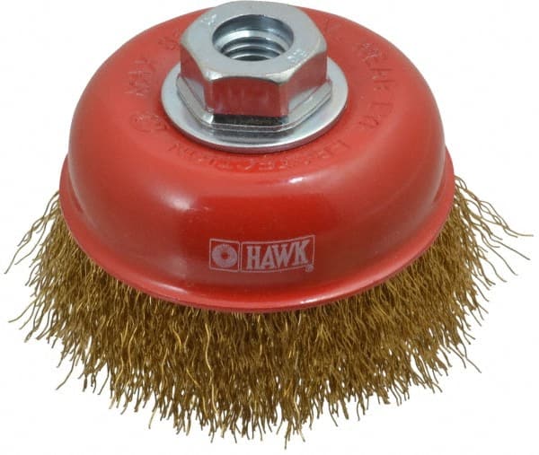 Value Collection - 4" Diam, 5/8-11 Threaded Arbor, Steel Fill Cup Brush - 0.015 Wire Diam, 8,500 Max RPM - Exact Tooling