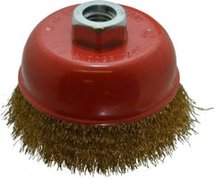 Value Collection - 4" Diam, 5/8-11 Threaded Arbor, Steel Fill Cup Brush - 0.012 Wire Diam, 8,500 Max RPM - Exact Tooling