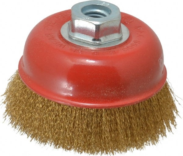 Value Collection - 4" Diam, 5/8-11 Threaded Arbor, Steel Fill Cup Brush - 0.008 Wire Diam, 8,500 Max RPM - Exact Tooling