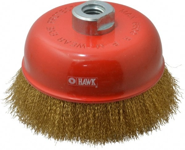 Value Collection - 5" Diam, 5/8-11 Threaded Arbor, Steel Fill Cup Brush - 0.008 Wire Diam, 6,500 Max RPM - Exact Tooling