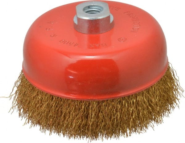 Value Collection - 6" Diam, 5/8-11 Threaded Arbor, Steel Fill Cup Brush - 0.015 Wire Diam, 4,500 Max RPM - Exact Tooling