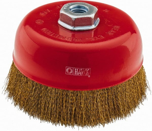 Value Collection - 6" Diam, M16x2.00 Threaded Arbor, Steel Fill Cup Brush - 0.008 Wire Diam, 4,500 Max RPM - Exact Tooling