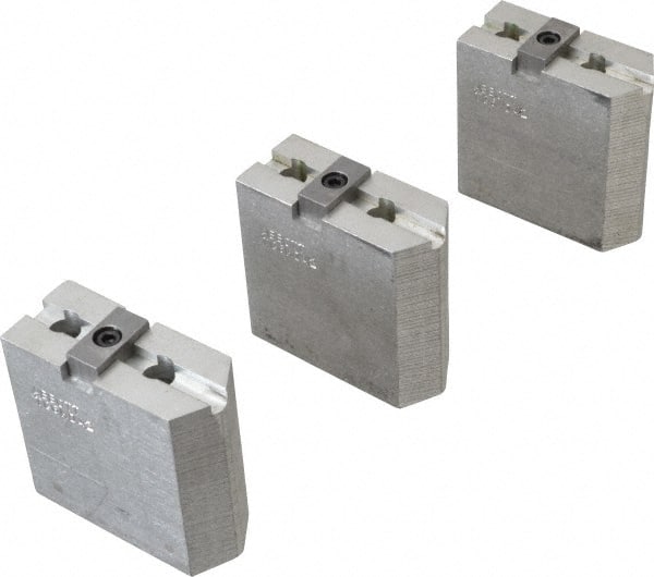 Abbott Workholding Products - 6" & Up Chuck Capacity, Tongue & Groove Attachment, Square Soft Lathe Chuck Jaw - 3 Jaws, Aluminum, 1-1/2" Btw Mount Hole Ctrs, 3" Long x 1-1/4" Wide x 3" High, 5/16" Groove, 3/8" Fastener - Exact Tooling