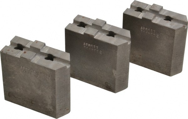 Abbott Workholding Products - 6" & Up Chuck Capacity, Tongue & Groove Attachment, Square Soft Lathe Chuck Jaw - 3 Jaws, Steel, 1-1/2" Btw Mount Hole Ctrs, 3" Long x 1-1/4" Wide x 3" High, 5/16" Groove, 3/8" Fastener - Exact Tooling