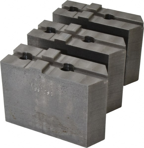 Abbott Workholding Products - 8" & Up Chuck Capacity, Tongue & Groove Attachment, Square Soft Lathe Chuck Jaw - 3 Jaws, Steel, 1-3/4" Btw Mount Hole Ctrs, 4" Long x 1-1/2" Wide x 3" High, 5/16" Groove, 1/2" Fastener - Exact Tooling