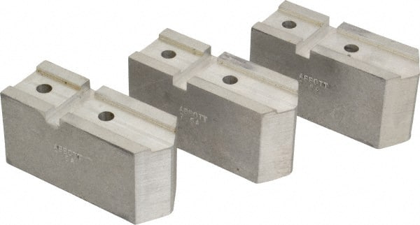 Abbott Workholding Products - 7-1/2" Chuck Capacity, Serrated Attachment, Square Soft Lathe Chuck Jaw - 3 Jaws, Aluminum, 1-11/16" Btw Mount Hole Ctrs, 4" Long x 1-1/2" Wide x 2" High, 0.866" Groove, 5/16" Fastener - Exact Tooling