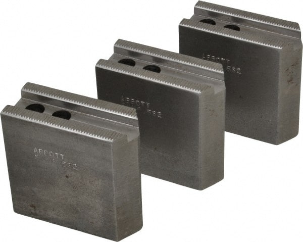 Abbott Workholding Products - 6-1/2" Chuck Capacity, 1/16" x 90 Serrated Attachment, Square Soft Lathe Chuck Jaw - 3 Jaws, Steel, 0.65" Btw Mount Hole Ctrs, 3" Long x 1-1/4" Wide x 3" High, 0.551" Groove, 0.3937" & 10mm Fastener - Exact Tooling