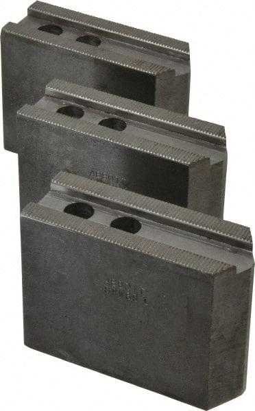 Abbott Workholding Products - 8" & Up Chuck Capacity, 1/16" x 90 Serrated Attachment, Square Soft Lathe Chuck Jaw - 3 Jaws, Steel, 29/32" Btw Mount Hole Ctrs, 4" Long x 1-1/2" Wide x 3" High, 0.669" Groove, 0.4724" & 12mm Fastener - Exact Tooling