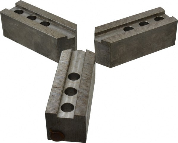 Abbott Workholding Products - 12" & Up Chuck Capacity, 1/16" x 90 Serrated Attachment, Square Soft Lathe Chuck Jaw - 3 Jaws, Steel, 1.181" Btw Mount Hole Ctrs, 5-1/2" Long x 2" Wide x 2" High, 0.827" Groove, 0.6299" & 16mm Fastener - Exact Tooling