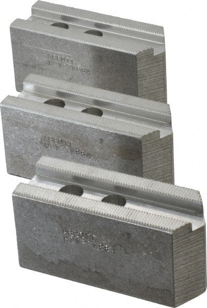 Abbott Workholding Products - 8" & Up Chuck Capacity, 1.5mm x 60° Serrated Attachment, Square Soft Lathe Chuck Jaw - 3 Jaws, Aluminum, 63/64" Btw Mount Hole Ctrs, 4" Long x 1-1/2" Wide x 2" High, 0.6299" Groove, 0.4724" & 12mm Fastener - Exact Tooling