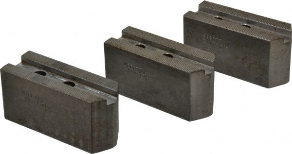 Abbott Workholding Products - 8" & Up Chuck Capacity, 1.5mm x 60° Serrated Attachment, Square Soft Lathe Chuck Jaw - 3 Jaws, Steel, 1.1811" Btw Mount Hole Ctrs, 4" Long x 1-1/2" Wide x 2" High, 0.5512" Groove, 0.3937" & 10mm Fastener - Exact Tooling