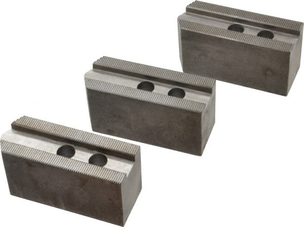 Abbott Workholding Products - 8" & Up Chuck Capacity, 1.5mm x 60° Serrated Attachment, Square Soft Lathe Chuck Jaw - 3 Jaws, Steel, 63/64" Btw Mount Hole Ctrs, 4" Long x 1-1/2" Wide x 2" High, 0.6299" Groove, 0.4724" & 12mm Fastener - Exact Tooling