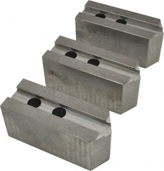 Abbott Workholding Products - 15 to 18" Chuck Capacity, 1.5mm x 60° Serrated Attachment, Square Soft Lathe Chuck Jaw - 3 Jaws, Steel, 1.6929" Btw Mount Hole Ctrs, 6-1/2" Long x 2-1/2" Wide x 3" High, 0.8661" Groove, 0.7874" & 20mm Fastener - Exact Tooling