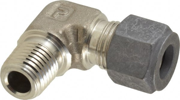 Parker - 3/8" OD, Stainless Steel Male Elbow - 5/8" Hex, Comp x MNPT Ends - Exact Tooling