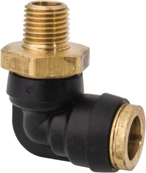Parker - 1/2" Tube OD, 1/4 NPT Composite Push-to-Connect Tube Male Swivel Elbow - 250 Max psi, Tube to Male NPT Connection, Buna-N O-Ring, -40 to 200°F Working Temp - Exact Tooling