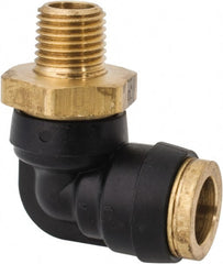 Parker - 1/2" Tube OD, 1/4 NPT Composite Push-to-Connect Tube Male Swivel Elbow - 250 Max psi, Tube to Male NPT Connection, Buna-N O-Ring, -40 to 200°F Working Temp - Exact Tooling