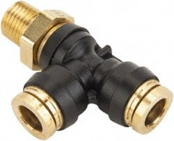 Parker - 1/2" Tube OD, 1/4 NPT Composite Push-to-Connect Tube Male Swivel Run Tee - Tube to Male NPT Connection, 250 Max psi, Buna-N O-Ring, -40 to 200°F Working Temp - Exact Tooling