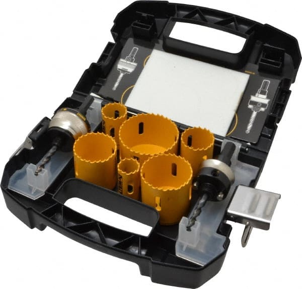 DeWALT - 9 Piece, 7/8" to 2-1/2" Saw Diam, Electrician's Hole Saw Kit - Bi-Metal, Continuous Edge, Includes 6 Hole Saws - Exact Tooling