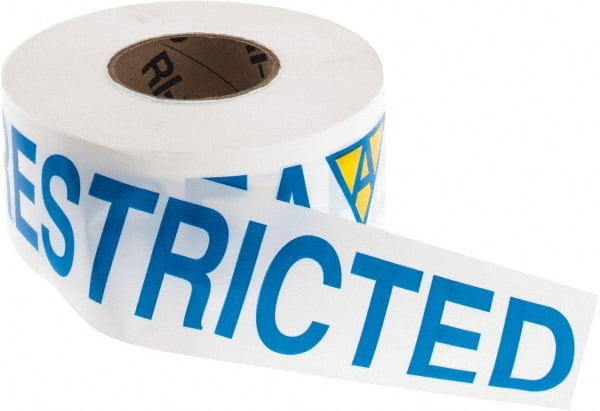 NMC - 1,000' Long x 3" Wide Roll, Vinyl, White, Blue & Yellow Barricade Tape - Message: Restricted Area - Exact Tooling