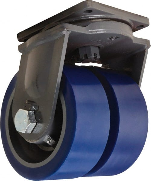 Hamilton - 10" Diam x 4" Wide x 13" OAH Top Plate Mount Dual Swivel Caster - Polyurethane Mold on Forged Steel, 10,000 Lb Capacity, Tapered Roller Bearing, 8-1/2 x 8-1/2" Plate - Exact Tooling