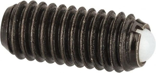 Vlier - M6x1.0, 3.5mm Ball Diam, 14mm Body Length, 1mm Max Ball Reach, Threaded Ball Plunger - Steel Body, Nylon Ball, 2.02 Lb Initial End Force, 2.92 Lb Final End Force - Exact Tooling