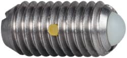 Vlier - M8x1.25, 5mm Ball Diam, 16mm Body Length, 1.5mm Max Ball Reach, Threaded Ball Plunger - Stainless Steel Body, Nylon Ball, 9 Lb Initial End Force, 13.49 Lb Final End Force, Locking Element - Exact Tooling