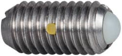 Vlier - M8x1.25, 5mm Ball Diam, 16mm Body Length, 1.5mm Max Ball Reach, Threaded Ball Plunger - Stainless Steel Body, Nylon Ball, 9 Lb Initial End Force, 13.49 Lb Final End Force, Locking Element - Exact Tooling