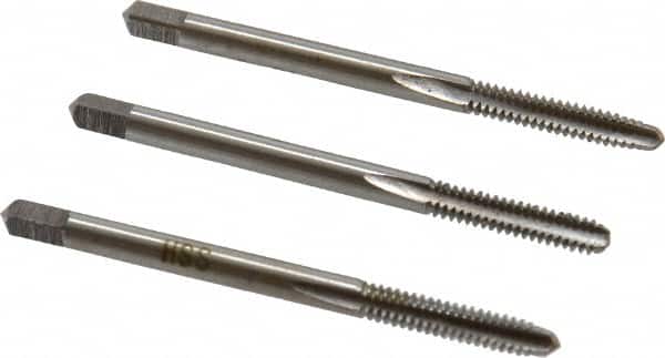 Interstate - #6-32 UNC, 3 Flute, Bottoming, Plug & Taper, Bright Finish, High Speed Steel Tap Set - Right Hand Cut, 2" OAL, 11/16" Thread Length - Exact Tooling