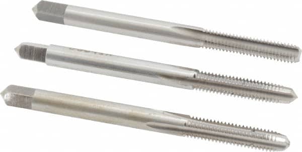Interstate - #10-32 UNF, 4 Flute, Bottoming, Plug & Taper, Bright Finish, High Speed Steel Tap Set - Right Hand Cut, 2-3/8" OAL, 7/8" Thread Length - Exact Tooling