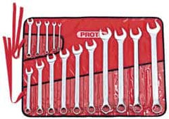 Proto - 15 Piece, 7mm to 32mm, Combination Wrench Set - Metric Measurement Standard, Satin Finish, Comes in Canvas Roll - Exact Tooling