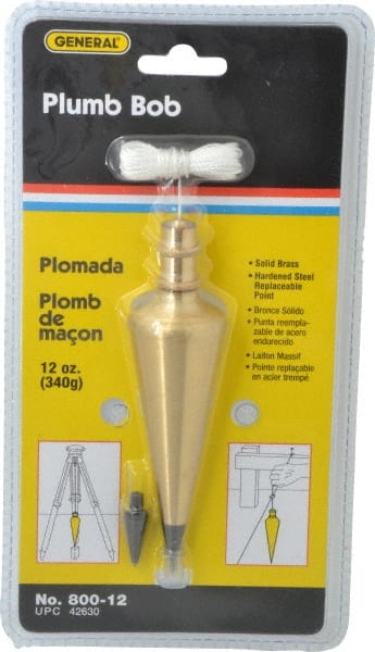 General - 5 Inch Long, 1-3/8 Inch Diameter Brass Plumb Bob - 12 Ounce, Has Replacable Tip - Exact Tooling