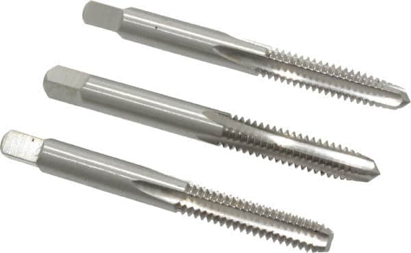 Interstate - 1/4-20 UNC, 4 Flute, Bottoming, Plug & Taper, Bright Finish, High Speed Steel Tap Set - Right Hand Cut, 2-1/2" OAL, 1" Thread Length - Exact Tooling