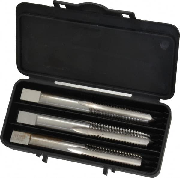 Interstate - 3/8-16 UNC, 4 Flute, Bottoming, Plug & Taper, Bright Finish, High Speed Steel Tap Set - Right Hand Cut, 2-15/16" OAL, 1-1/4" Thread Length - Exact Tooling