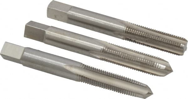 Interstate - 3/8-24 UNF, 4 Flute, Bottoming, Plug & Taper, Bright Finish, High Speed Steel Tap Set - Right Hand Cut, 2-15/16" OAL, 1-1/4" Thread Length - Exact Tooling