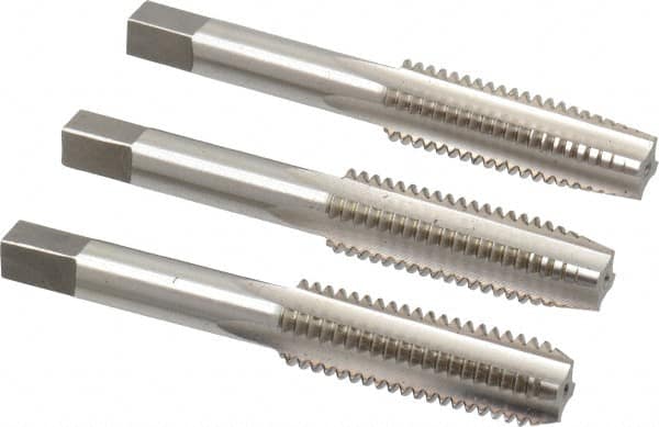 Interstate - 1/2-13 UNC, 4 Flute, Bottoming, Plug & Taper, Bright Finish, High Speed Steel Tap Set - Right Hand Cut, 3-3/8" OAL, 1-21/32" Thread Length - Exact Tooling