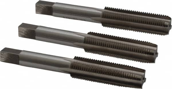 Interstate - 1/2-20 UNF, 4 Flute, Bottoming, Plug & Taper, Bright Finish, High Speed Steel Tap Set - Right Hand Cut, 3-3/8" OAL, 1-21/32" Thread Length - Exact Tooling