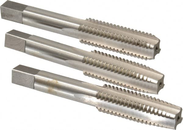 Interstate - 9/16-12 UNC, 4 Flute, Bottoming, Plug & Taper, Bright Finish, High Speed Steel Tap Set - Right Hand Cut, 3-19/32" OAL, 1-21/32" Thread Length - Exact Tooling