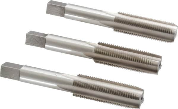 Interstate - 9/16-18 UNF, 4 Flute, Bottoming, Plug & Taper, Bright Finish, High Speed Steel Tap Set - Right Hand Cut, 3-19/32" OAL, 1-21/32" Thread Length - Exact Tooling