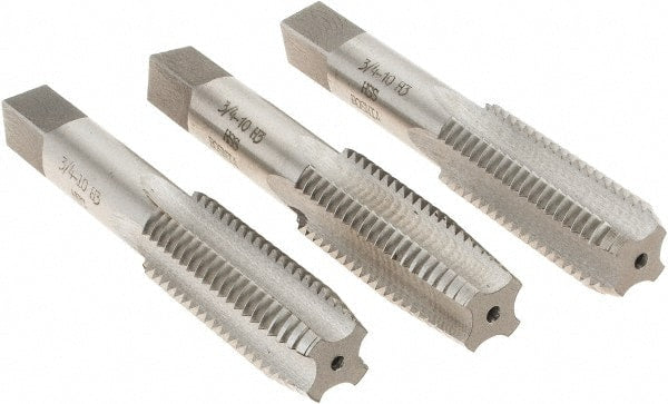 Interstate - 3/4-10 UNC, 4 Flute, Bottoming, Plug & Taper, Bright Finish, High Speed Steel Tap Set - Right Hand Cut, 4-1/4" OAL, 2" Thread Length - Exact Tooling