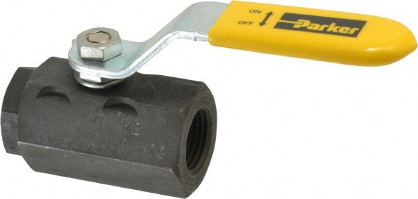 Parker - 1/2" Pipe, Carbon Steel Standard Ball Valve - 2 Piece, Inline - One Way Flow, FNPT x FNPT Ends, Lever Handle, 2,000 WOG, 150 WSP - Exact Tooling