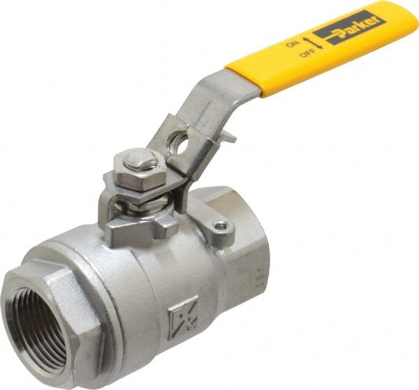 Parker - 1" Pipe, Full Port, Stainless Steel Standard Ball Valve - 2 Piece, Inline - One Way Flow, FNPT x FNPT Ends, Padlock Handle, 2,000 WOG, 150 WSP - Exact Tooling