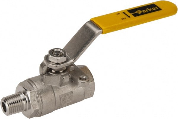 Parker - 1/4" Pipe, Full Port, Stainless Steel Standard Ball Valve - 2 Piece, Inline - One Way Flow, MNPT x FNPT Ends, Lever Handle, 2,000 WOG, 150 WSP - Exact Tooling