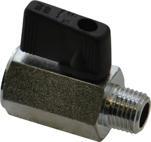 Value Collection - 1/4" Pipe, Brass Miniature Ball Valve - Inline - One Way Flow, MNPT x FNPT Ends, Wedge Handle, 450 WOG - Exact Tooling