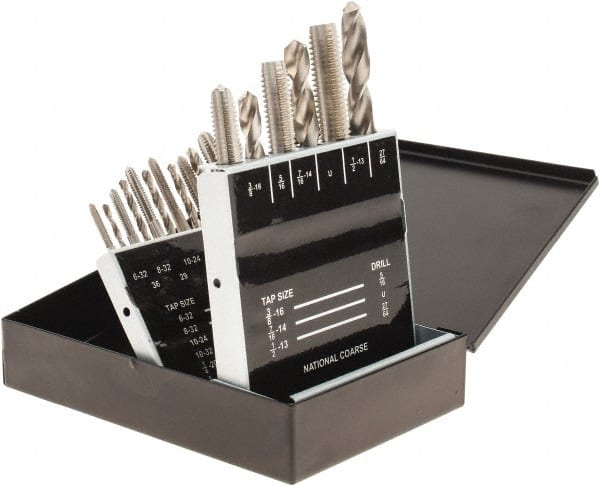 Interstate - #36, #29, #25, #21, #7 Drill, F to U Drill, #6-32 to 1/2-13 Tap, Hand Tap and Drill Set - Bright Finish HSS Drills, Bright Finish High Speed Steel Taps, Plug Chamfer, 18 Piece Set - Exact Tooling