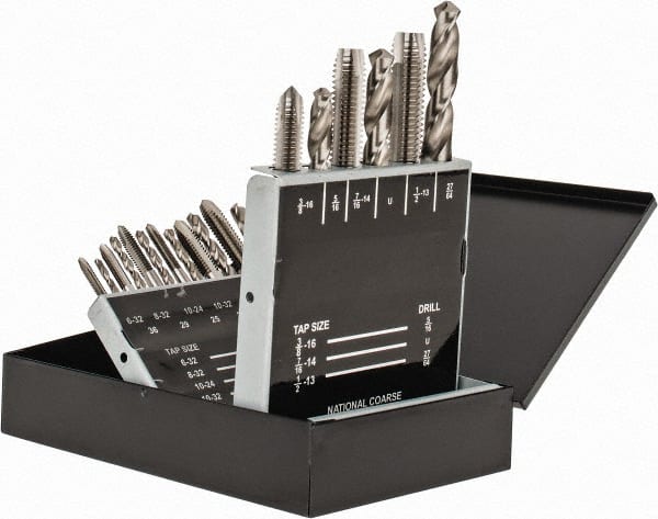 Interstate - #36, #29, #25, #21, #7 Drill, F to U Drill, #6-32 to 1/2-13 Tap, Spiral Point Tap and Drill Set - Bright Finish High Speed Steel Drills, Bright Finish High Speed Steel Taps, Plug Chamfer, 18 Piece Set - Exact Tooling