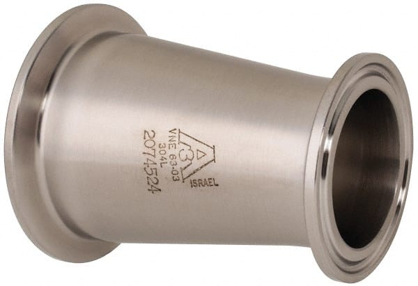 VNE - 2 x 1-1/2", Clamp Style, Sanitary Stainless Steel Pipe Concentric Reducer - Tube OD Connection, Grade 304 - Exact Tooling
