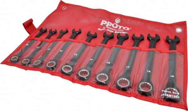 Proto - 10 Piece, 10mm to 19mm, 12 Point Combination Wrench Set - Metric Measurement Standard, Black/Chrome Finish, Comes in Pouch - Exact Tooling