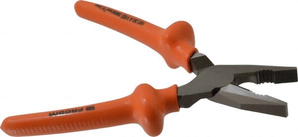 Facom - 8-1/8" OAL, 1-37/64" Jaw Length x 1-9/16" Jaw Width, Side Cutting Linesman's Pliers - Serrated Jaw, Flat Nose Head, Cushion Grip Handles - Exact Tooling